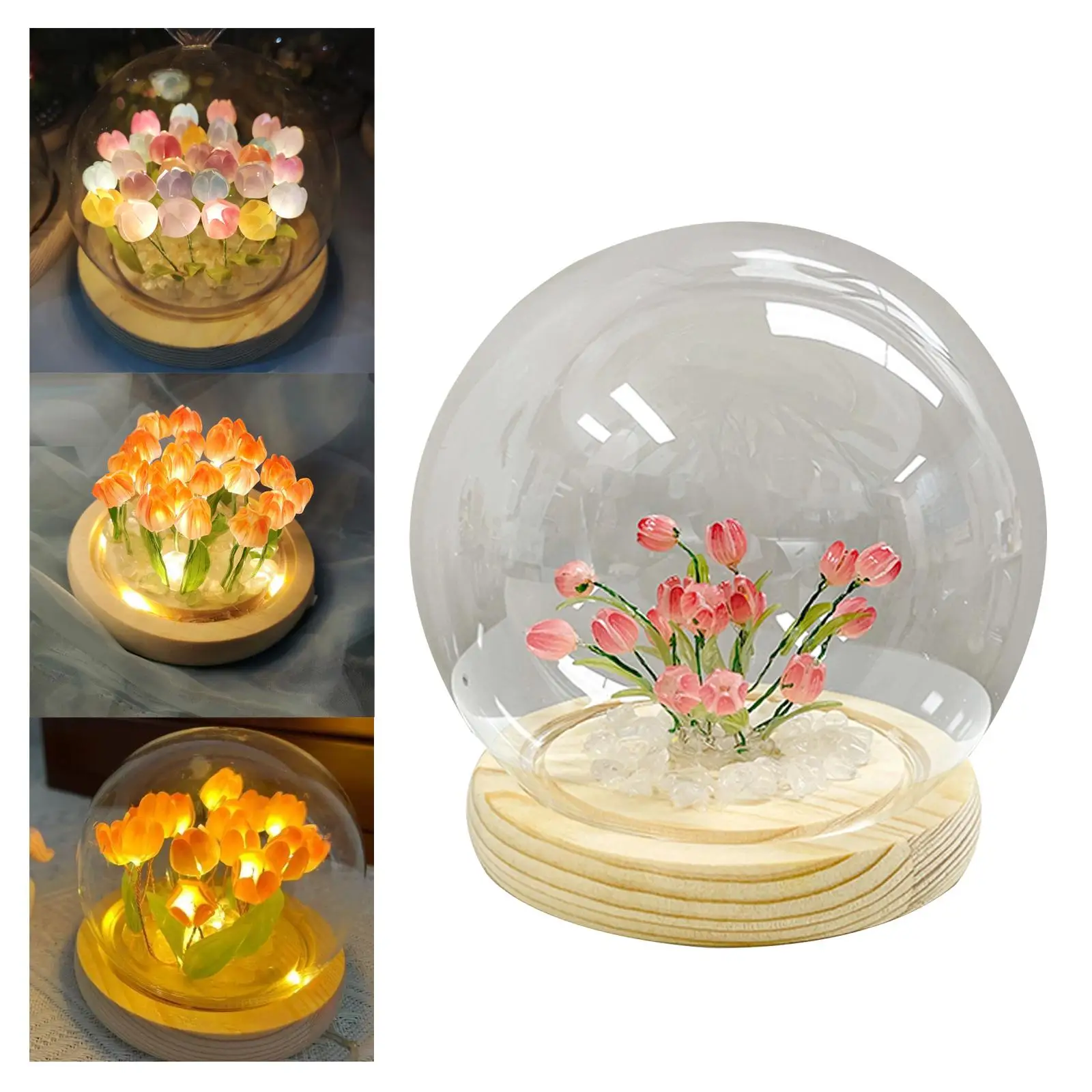 Tulips Eternal Wooden Base Artificial Flowers with LED Light for Mother`S Day Present