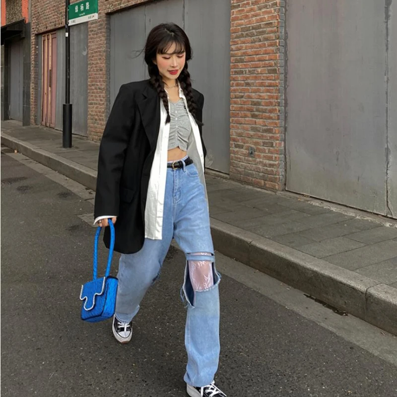 zara jeans 2022 Trend Korean Fashion Ripped Jeans Streetwear Women High Waist Jeans Straight-leg Loose and Slim All-match Drape Trousers stacked jeans