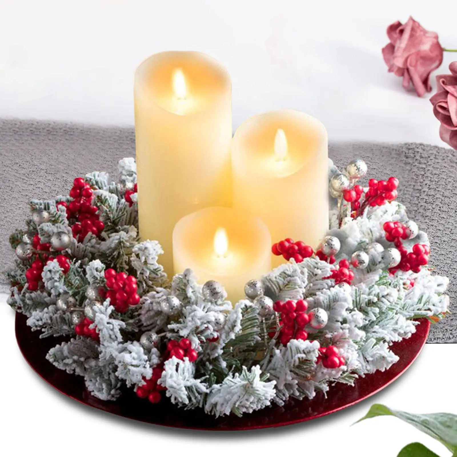 Christmas Candle Wreath Decorative Candles Holder Creative Wreath Garland for Xmas Dining Room Dinner Thanksgiving Wedding