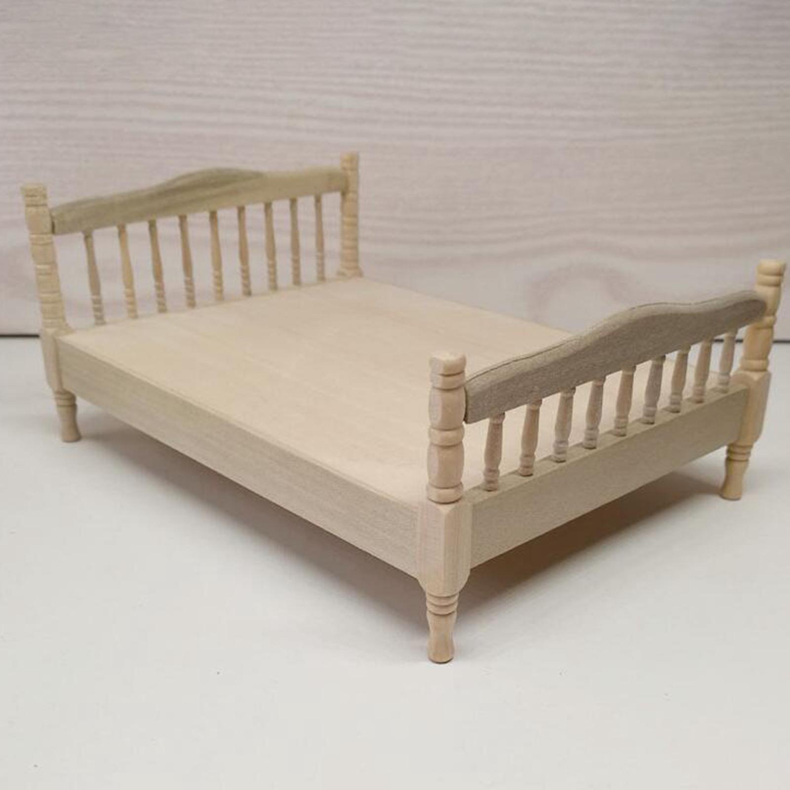 1:12 European Double Bed Model, Miniature Bedroom Furniture, Wooden Mini Bed for Accessories