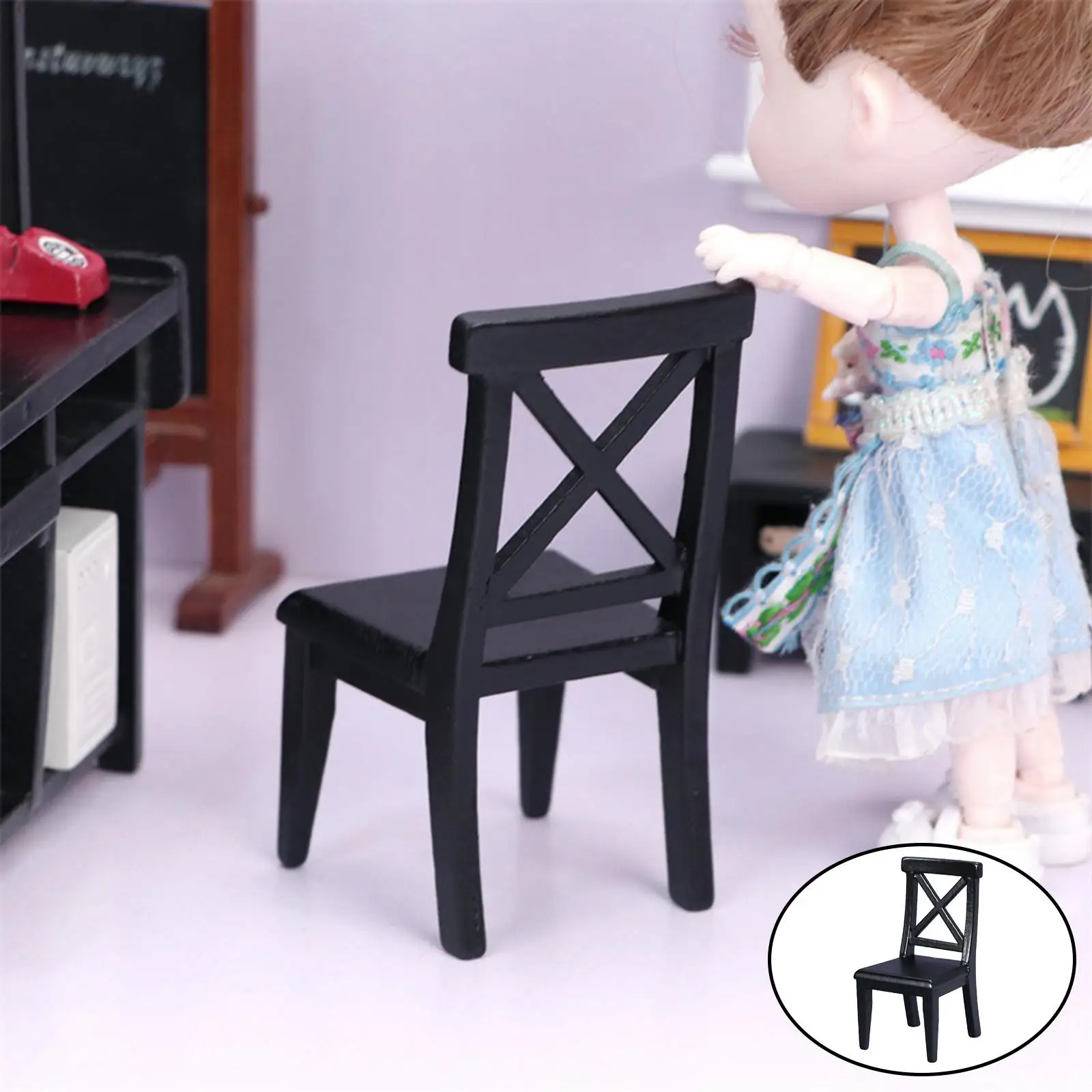 Black Dollhouse Miniature Chair Birthday Gifts Pretend Toy Toys for Kitchen