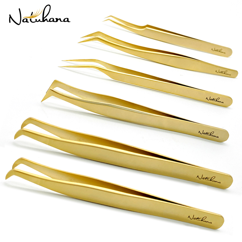 Best of NATUHANA Anti-Static Eyelash Extension Tweezer Gold Stainless Steel Eyelashes Tweezers Professional For Volume Fan Makeup Tools Reviews & Tips