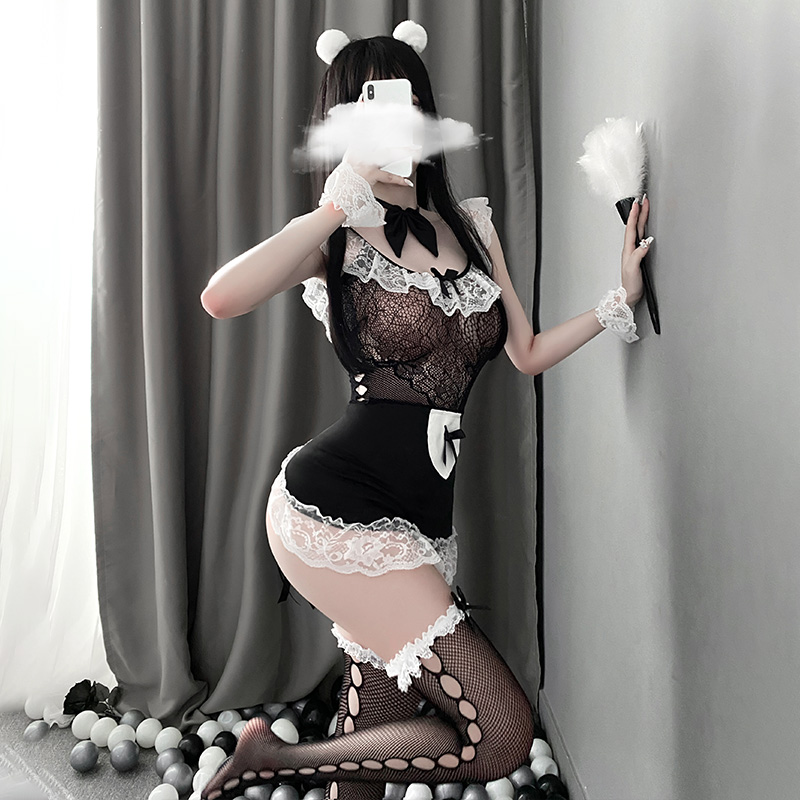 Women Cosplay Amid Outfits Lace Floral Deep V Passion Underwear Sweet Heart Bow Knot uniform Sexy Mesh See Through Maid Lingerie 6 Sffb90aa0d0f44bacb6c339e192dee4d7E