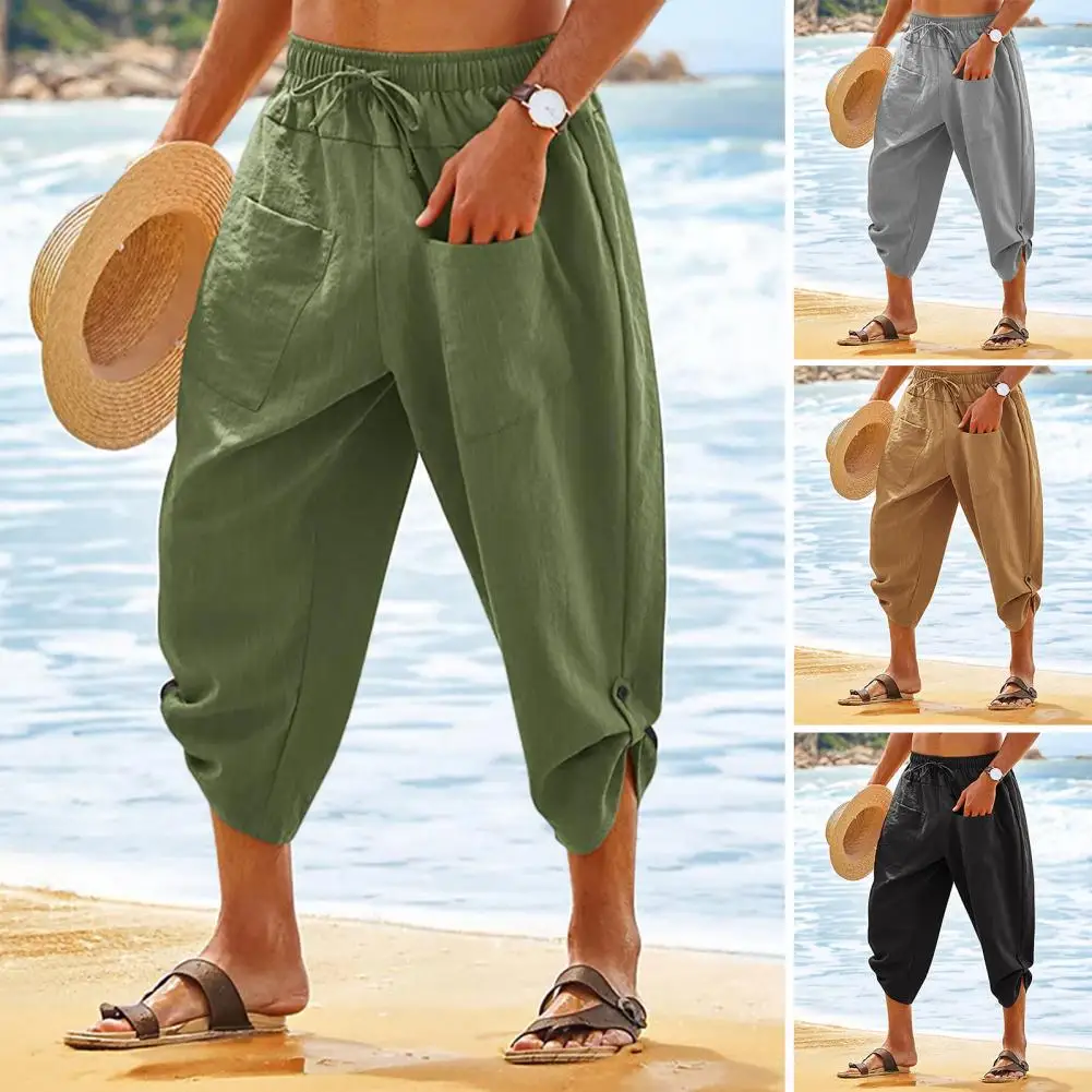 Calça masculina monocromática recortada, calça de praia