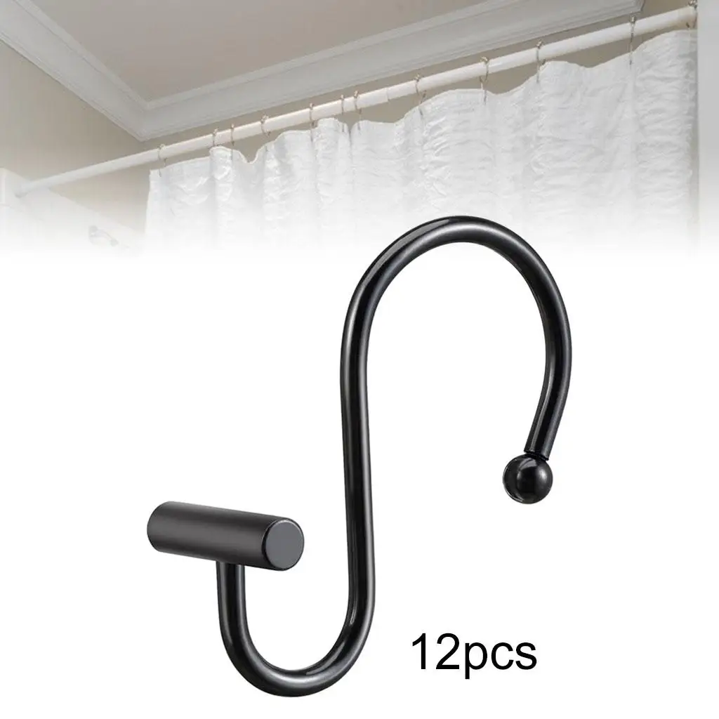 Set of 12 Shower Curtain Hooks S Shaped Rustproof for Shower Rod Black