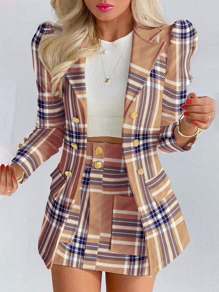 Women's Spring Long Sleeve Solid Color Jacket with Mini Skirt Two-piece Suit Tailleur Femme Blazer and Set Dress Free Shipping