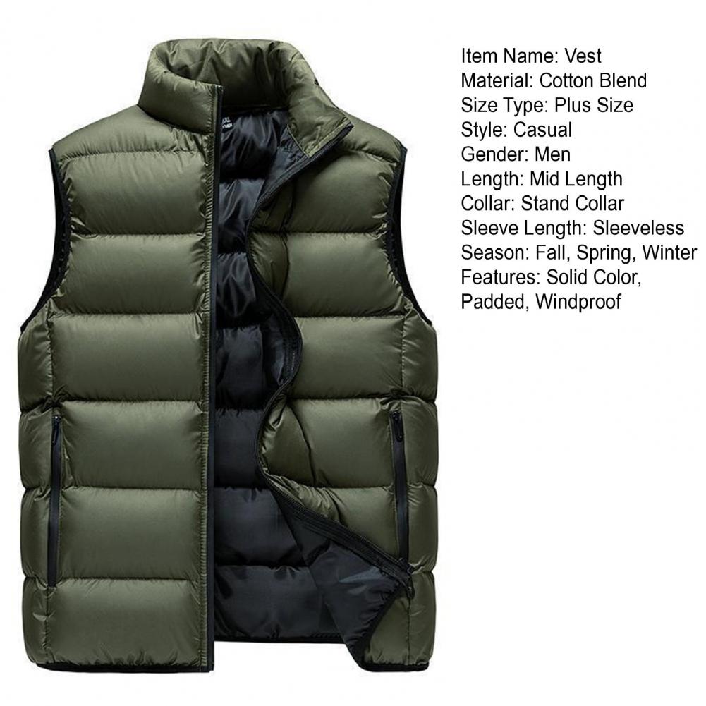 Description Picture 3 of itemMen Winter Vest Thickened Padded Men's Winter Vest Warm Cold Resistant Plus Size Stand Collar Coat with Zipper Closure Men