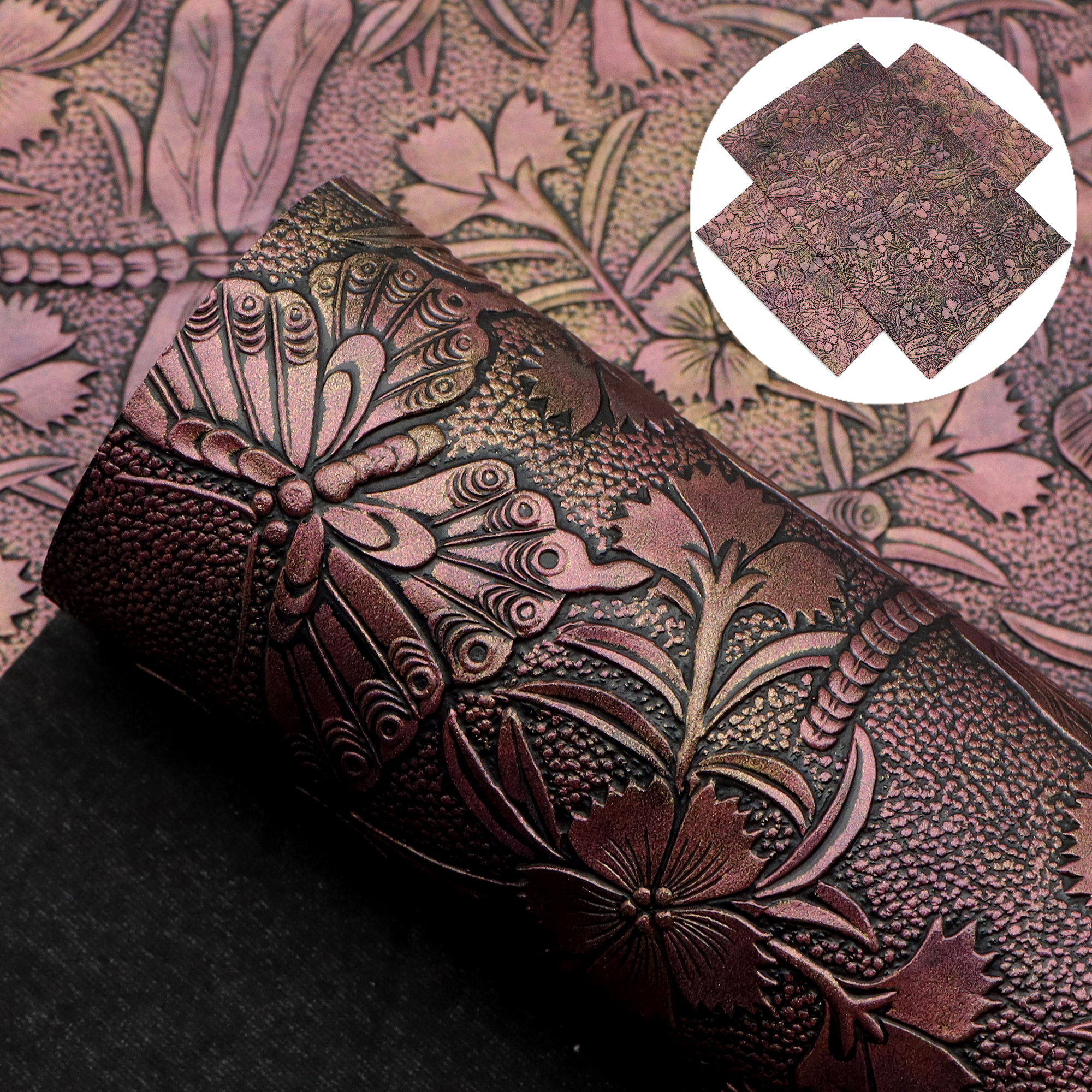 Description Picture 5 of itemMetallic Color Flower Faux Leather Sheets Dragonfly Flower Synthetic Leather Fabric Roll For DIY Earrings Bags Bows