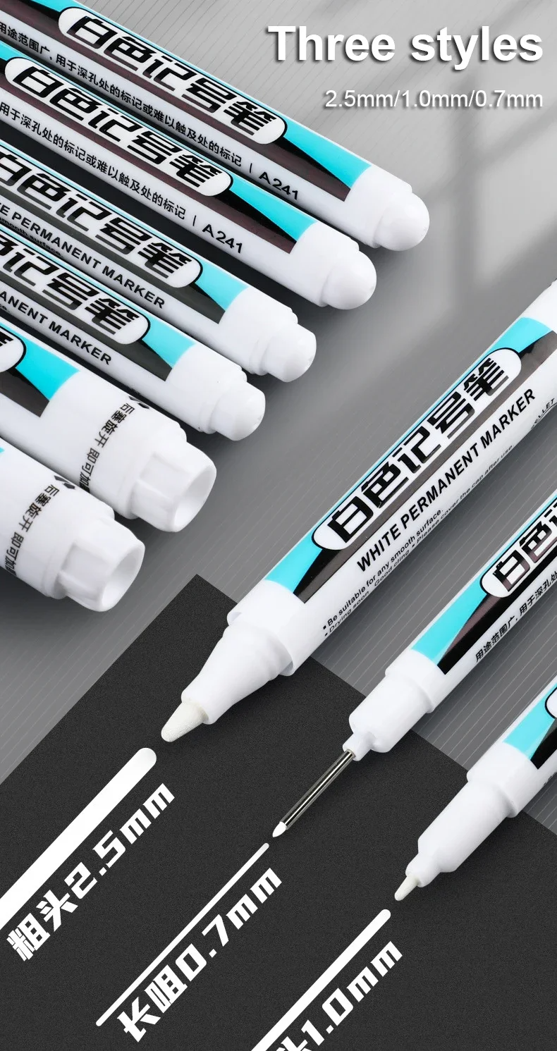 0.7/1.0/2.5MM White Marker Pens Oily Waterproof Permanent Paint Markers For Wood Plastic Leather Glass Stone Metal Art Supplies