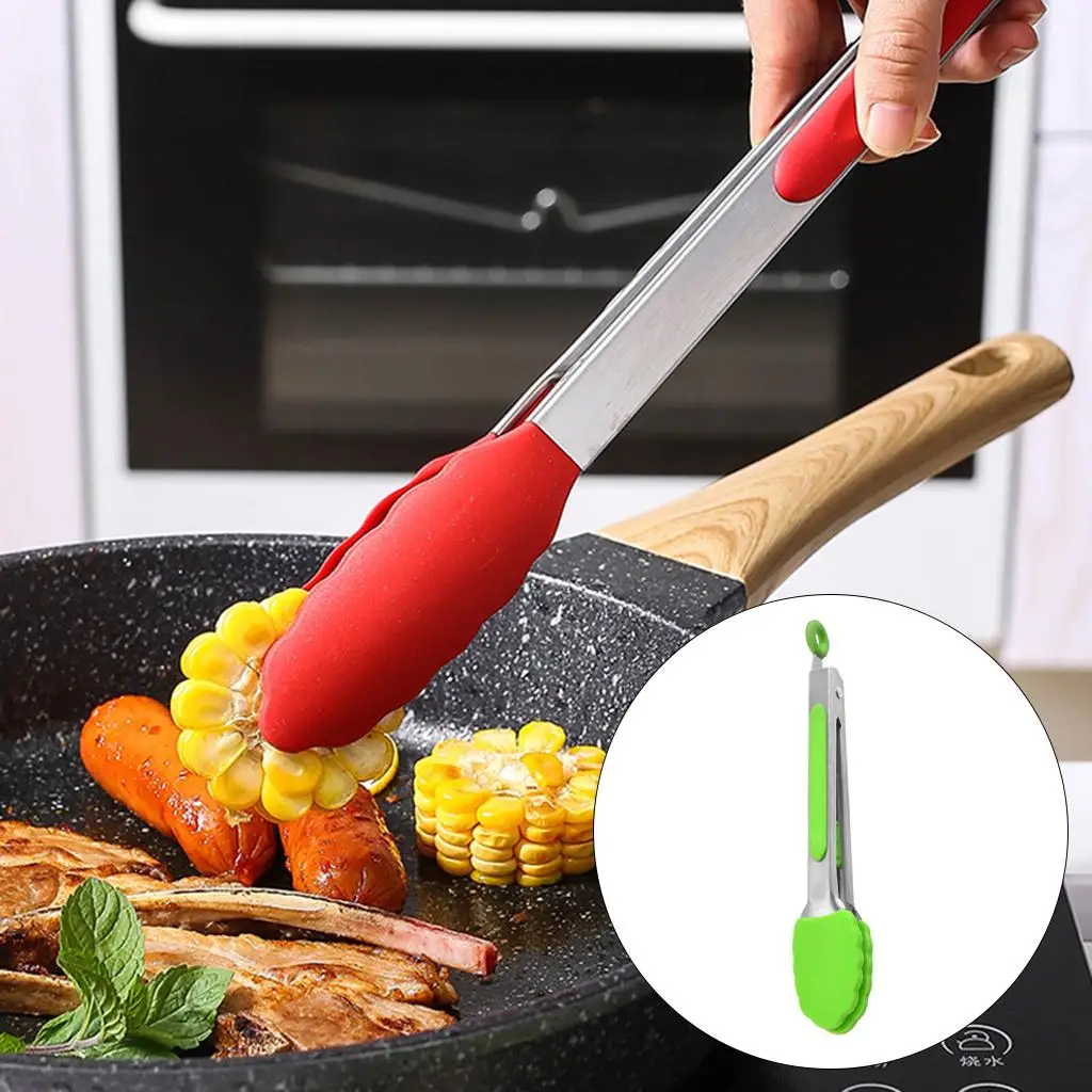 Small Kitchen Tongs with Silicone Tips, Heat Resistant Grilling Frying Barbecue Clamp Cooking Utensil 