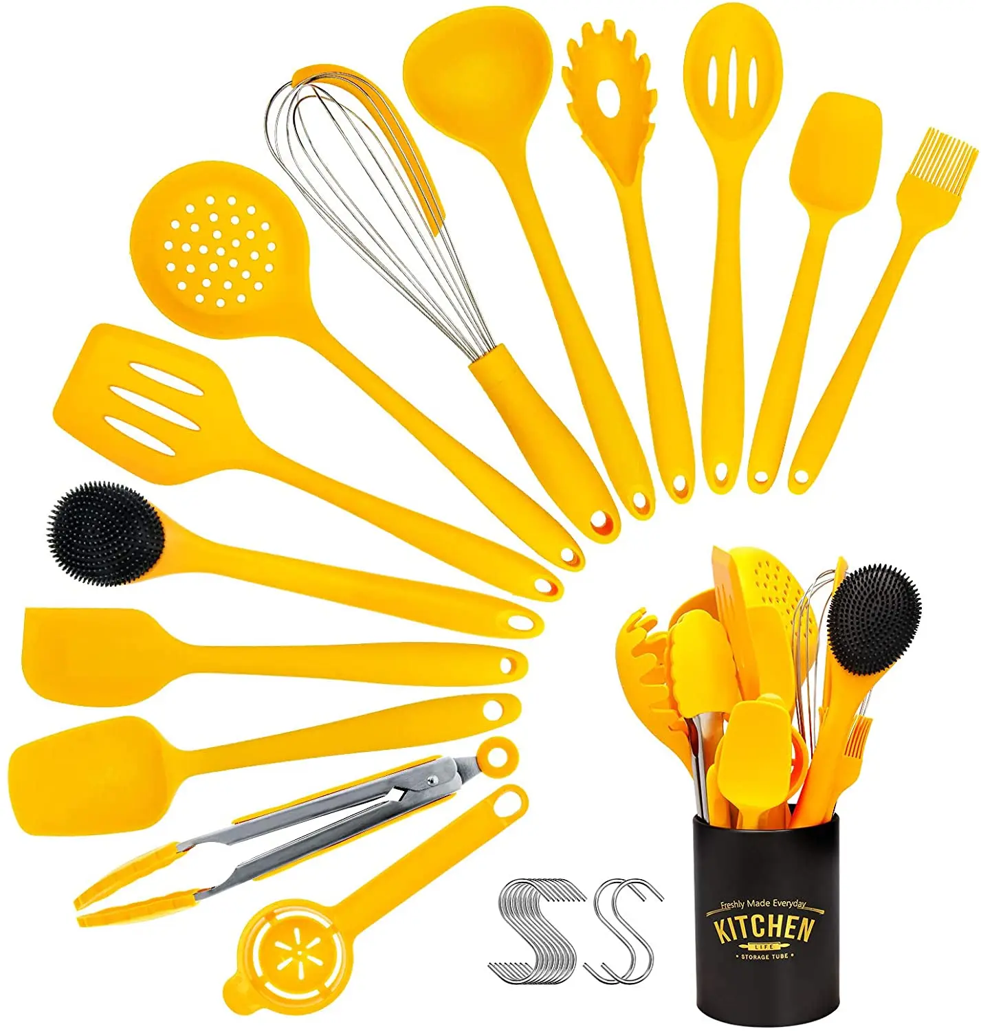 14pcs Kitchen Utensil Set Yellow with 10 S-Hooks Non-Stick Heat Resistant Silicone Spatula Colander Set Cookware Kitchen Tools