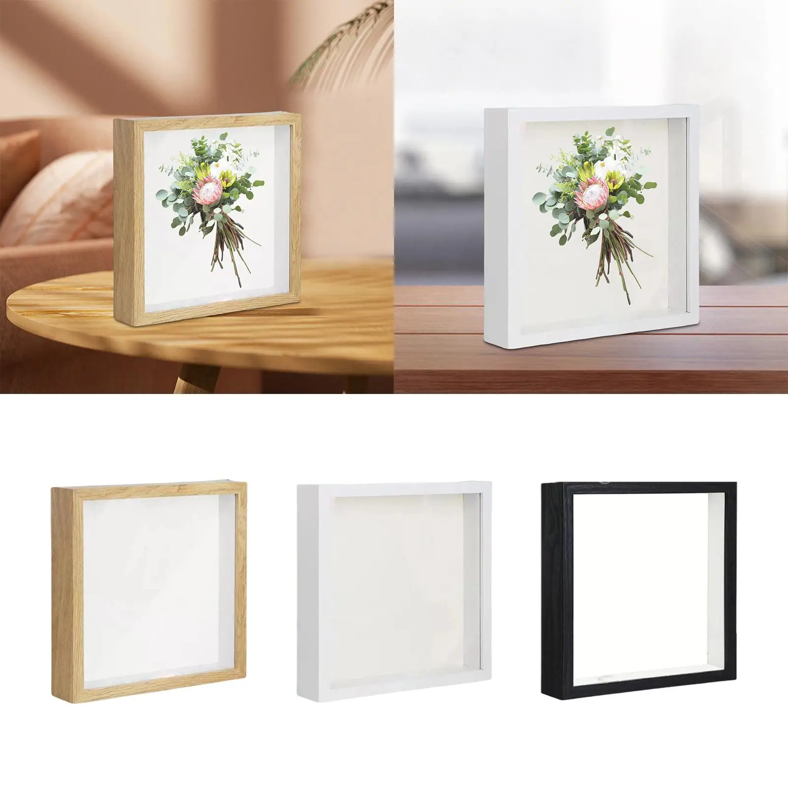 Shadow Box 8x8 Picture Frame with Deep Wooden Display Case for Flowers, Tickets,